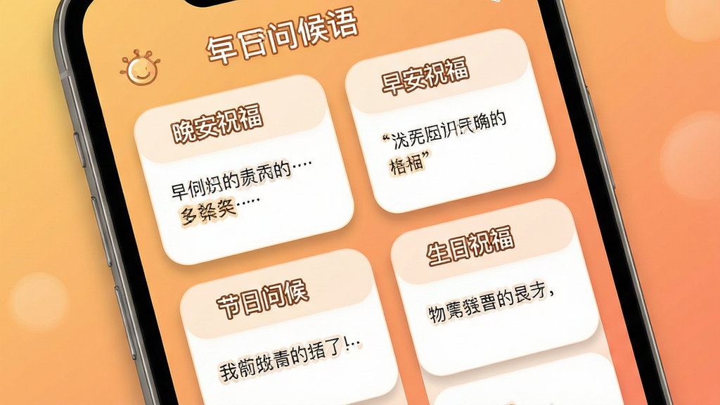 每日问候语精灵软件中的问候语分类页面,画面主体为手机屏幕特写,屏幕中展示早安问候、晚安祝福、节日问候、生日祝福等多个分类标签,每个标签下方有若干条问候语预览文字,背景为暖色调渐变,布局采用卡片式排列,风格温馨简约,细节包含柔和阴影和圆角设计,画质高清,干净,无多余元素