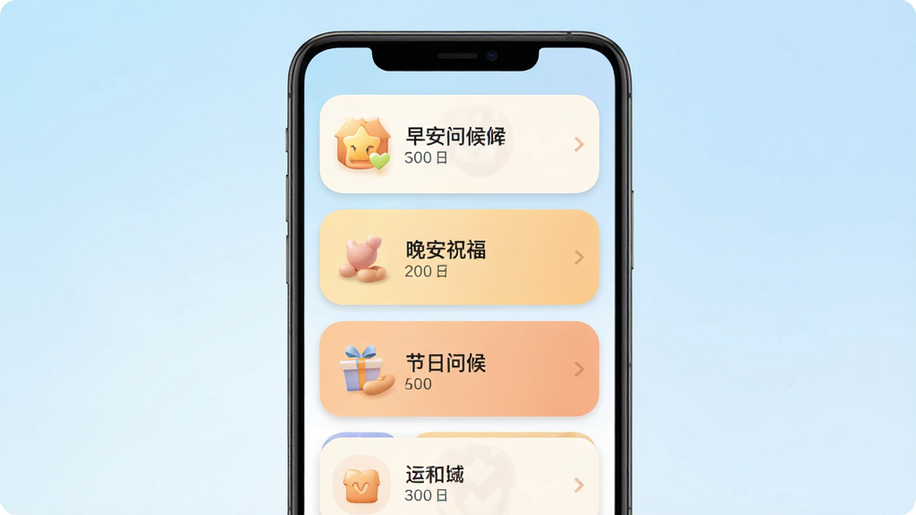 每日问候语精灵安卓手机软件界面展示,画面中央是一部智能手机,屏幕显示问候语列表页面,包含早安问候、晚安祝福、节日问候等多个分类卡片,背景为淡蓝色渐变,整体布局简洁清晰,风格清新温暖,细节包含柔和的圆角图标和温馨的配色,画质高清,干净,无多余元素