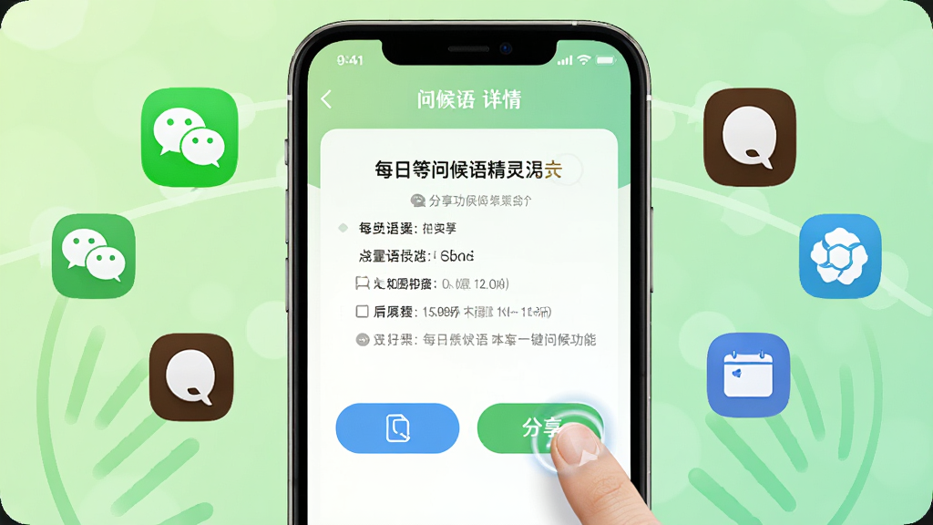 每日问候语精灵一键分享功能展示,画面中一部手机屏幕显示问候语详情页,下方有复制和分享按钮,旁边有微信、QQ等社交平台图标环绕,背景为浅绿色渐变,布局居中突出操作按钮,风格现代简洁,细节包含手指点击屏幕的动效暗示,画质高清,干净,无多余元素