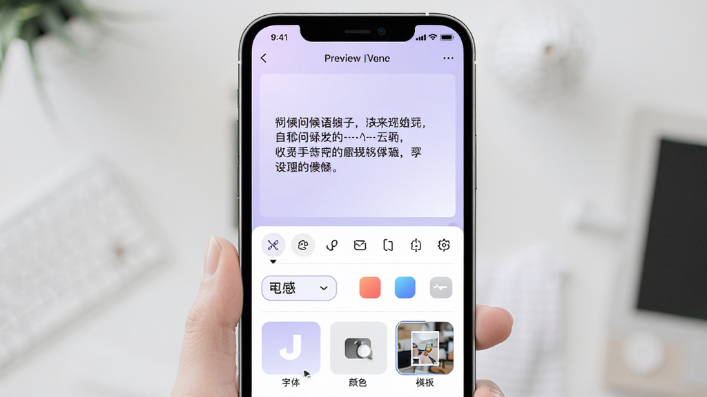 每日问候语精灵个性化定制编辑界面,画面展示手机屏幕中用户正在编辑问候语文字,下方有字体选择、颜色调整和背景模板选项,屏幕上方预览区域显示一条带有收件人名字的定制问候语,背景为淡紫色渐变,布局清晰分区明确,风格时尚清新,细节包含丰富的编辑工具栏,画质高清,干净,无多余元素