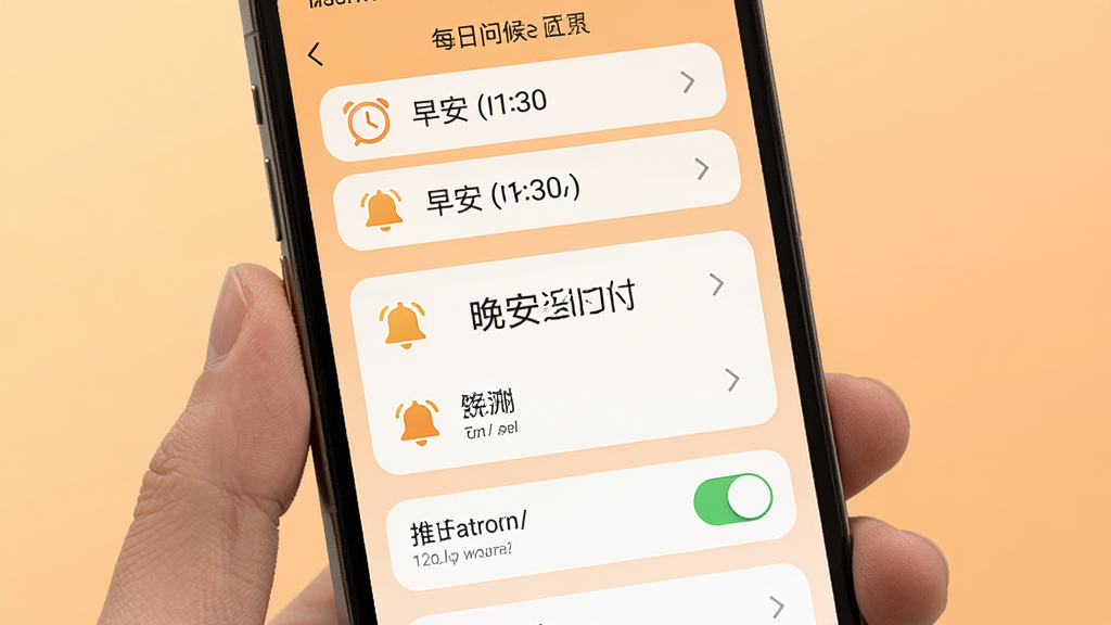 每日问候语精灵定时提醒设置页面,画面中手机屏幕显示时间设置界面和推送开关,屏幕上方有早安和晚安推送时间选项,背景为浅橙色渐变,布局采用列表式排布,风格温暖舒适,细节包含时钟图标和铃铛提醒图标,画质高清,干净,无多余元素