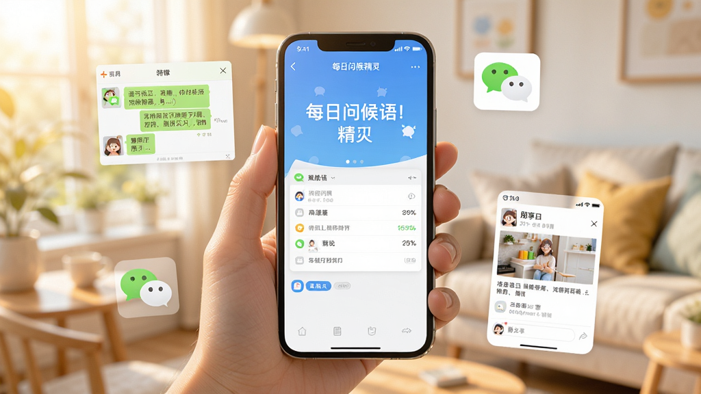 每日问候语精灵手机使用场景展示,画面中一只手拿着手机,手机屏幕显示每日问候语精灵的问候语详情页面,周围有微信聊天窗口和朋友圈分享界面的小图标环绕,背景为明亮的生活场景虚化,布局以手机为中心,风格真实自然,细节包含温馨的光线和清晰的屏幕内容,画质高清,干净,无多余元素