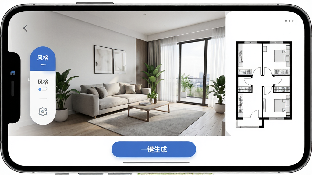 一张手机屏幕展示Deep装修设计AI主界面,画面中央是现代简约客厅的3D效果图,左侧悬浮风格切换按钮,右侧展示户型平面图,底部有“一键生成”按钮,整体布局清晰,风格为科技感UI界面,细节包含沙发、茶几、落地窗与绿植,画质高清,干净,无多余元素