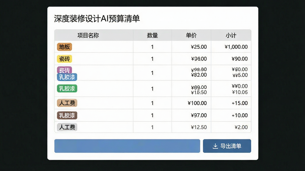 Deep装修设计AI预算清单页面,表格中列出“项目名称”“数量”“单价”“小计”等列,包含地板、瓷砖、乳胶漆、人工费等条目,底部有“导出清单”按钮,界面风格为商务简约,细节包含不同颜色的分类标签,画质高清,干净,无多余元素