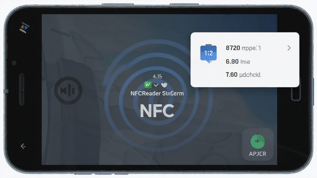 NFCReader软件主界面展示,手机屏幕显示NFC标签读取成功状态,画面主体是一部安卓手机,布局居中,排版简洁,风格为科技感扁平化设计,细节包括手机背面的NFC感应波纹图标和悬浮的数据卡片,画质清晰干净无多余元素
