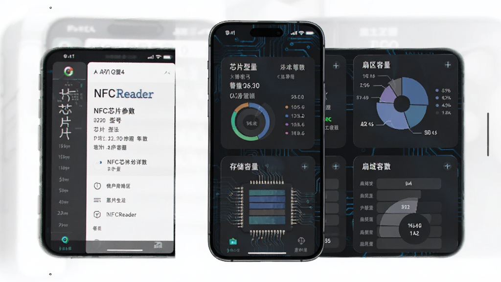 AI生图,NFCReader标签技术分析页面,主体为手机显示NFC芯片参数详情,布局采用分栏卡片式排版,风格为深色科技风,细节包括芯片型号、存储容量、扇区图表等信息可视化元素,画质精细干净无多余元素