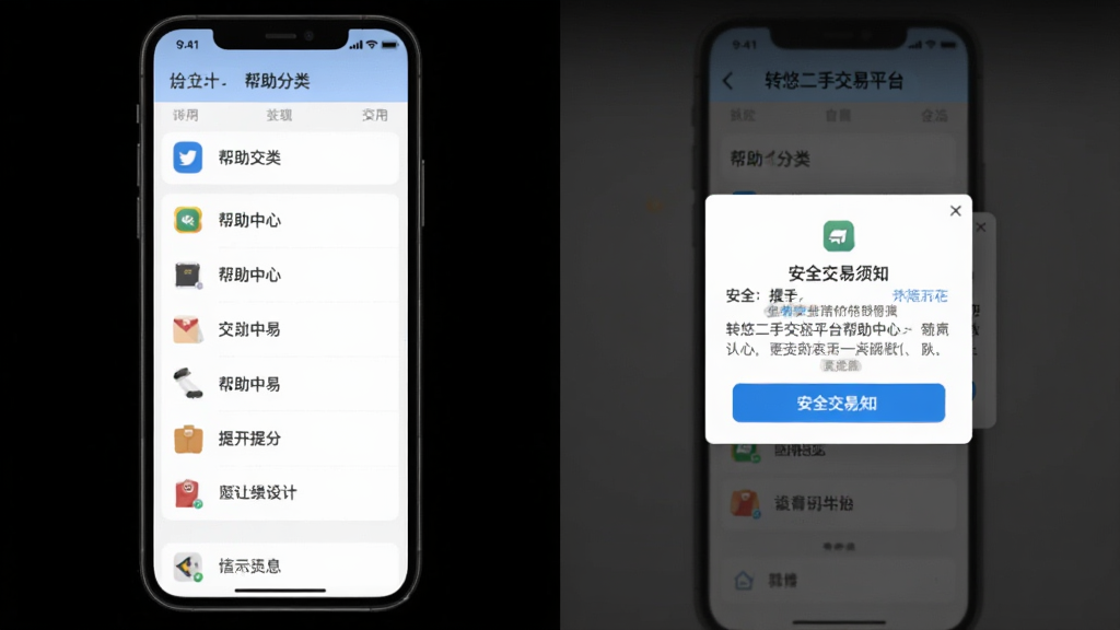 转悠二手交易平台帮助中心与安全提示界面示意图,手机屏幕显示帮助分类列表和安全交易须知弹窗,背景为白色,图标为扁平化风格,画质干净,无多余元素