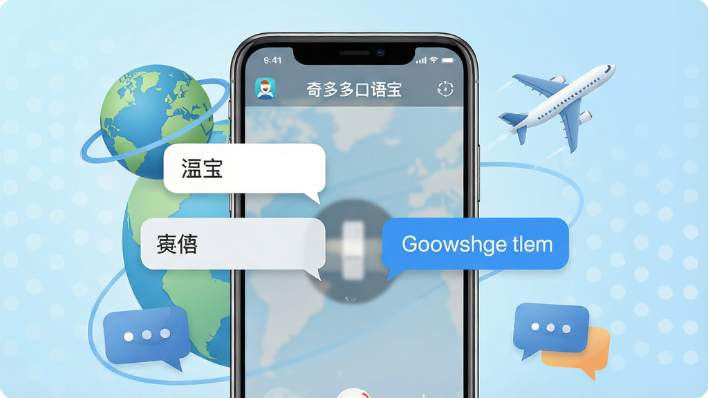 一张展示奇多多口语宝手机应用界面的场景图,画面中央放置一部智能手机,屏幕上显示奇多多口语宝的实时语音翻译界面,左右两侧分别有中文和英文对话气泡,手机周围环绕着地球、飞机、对话气泡等旅行与沟通元素,背景为浅蓝色渐变,整体风格简洁现代,细节清晰,画质干净,文字内容为“奇多多口语宝”,无多余元素