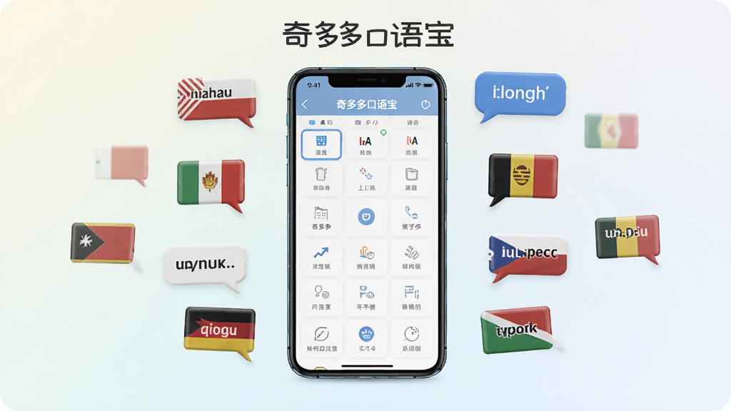 一张展示奇多多口语宝多语种翻译功能的图片,画面中心是一部手机,屏幕上显示奇多多口语宝的语言选择界面,周围环绕着多个国家的国旗图标和对应语言的问候语气泡,背景为柔和的浅色渐变,风格简洁明快,细节清晰,画质干净,画面中带有“奇多多口语宝”文字