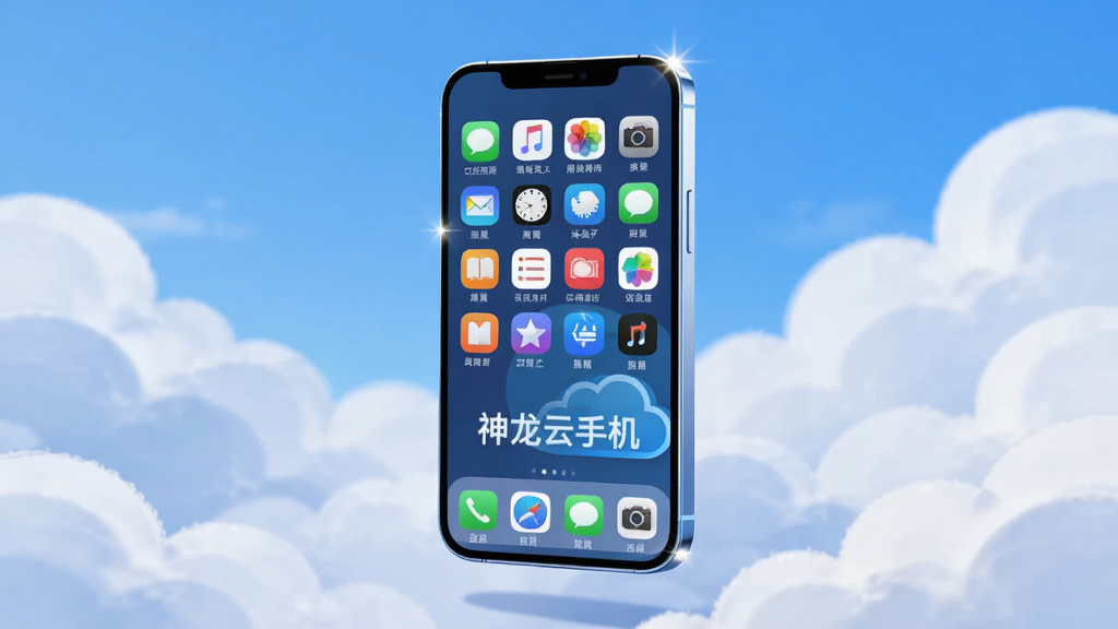 画面中央展示一部悬浮在云端的智能手机,手机屏幕内显示多个应用图标整齐排列,背景是蓝色天空与柔和白云,整体采用科技感扁平插画风格,主体突出,布局居中,排版简洁,风格清爽现代,细节包括云朵纹理与手机边框高光,画质清晰干净,无多余元素,图片中打文字“神龙云手机”