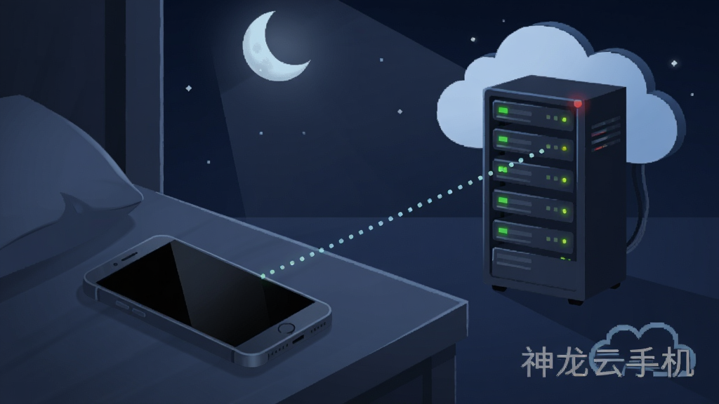 夜晚场景中一部手机屏幕熄灭放在床头,远处云端服务器指示灯持续闪烁,一条虚线连接手机与服务器表示离线托管,主体为离线挂机概念,布局对角线构图,排版简洁,风格为暗色科技插画,细节包括月光与服务器光点,画质清晰干净,无多余元素,图片中打文字“神龙云手机”