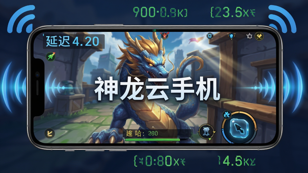 画面展示手机屏幕中运行高清游戏画面,画面边缘有网络信号波纹与延迟数值显示,主体为高清画质与低延迟,布局居中突出屏幕,排版上下结构,风格为明亮电竞插画,细节包括画面光影与信号波纹,画质清晰干净,无多余元素,图片中打文字“神龙云手机”