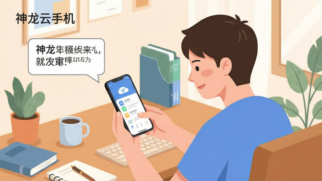 一位年轻用户坐在桌前看着手机屏幕,屏幕中显示云端手机管理界面,旁边有提示气泡标注注意事项,主体为用户操作场景,布局中景构图,排版自然,风格为扁平生活插画,细节包括桌面物品与屏幕内容,画质清晰干净,无多余元素,图片中打文字“神龙云手机”