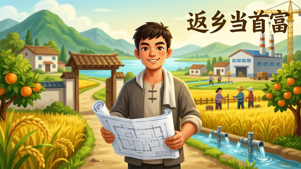 返乡当首富 田园创业主题插画,画面中央是一位穿着朴素的年轻人站在村口,身后是青山绿水和错落有致的农舍,前景有金黄的稻田和挂满果实的果树,远处有正在建设的工厂和忙碌的村民,整体色调温暖明亮,构图采用三分法,风格为卡通写实混合,细节包括人物脸上的自信笑容、手中的规划图纸、田间的灌溉水渠,画质清晰干净,无多余元素,画面中带有文字“返乡当首富”