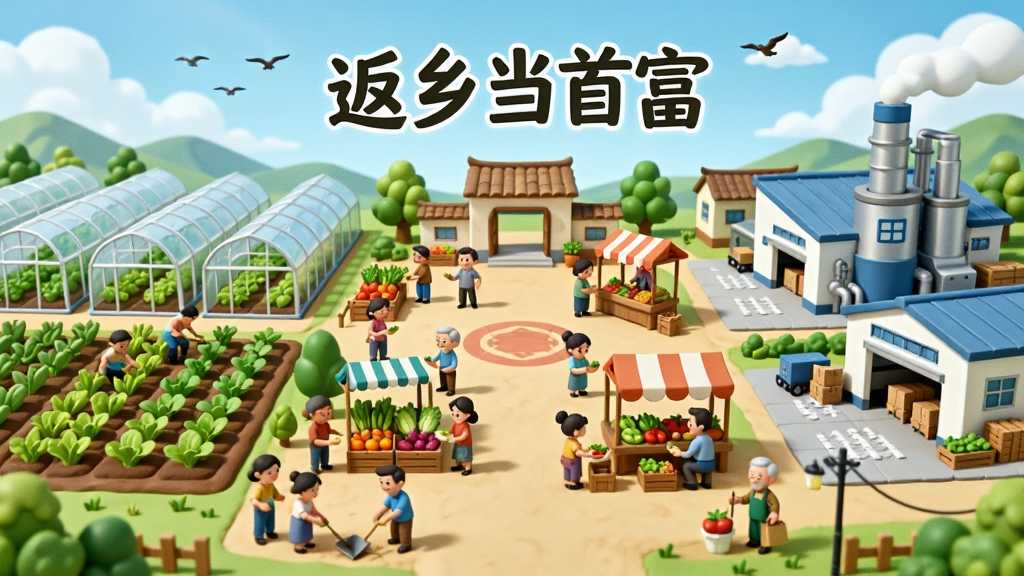 返乡当首富 村庄生态场景,画面展示一个繁荣的村庄全景,左侧是整齐的农田和温室大棚,中间是村民广场和集市,右侧是现代化的加工厂和物流中心,天空中有飞鸟和白云,地面有村民在劳作和交易,风格为清新卡通,细节包括不同年龄的村民、丰富的农产品、清晰的建筑纹理,画质明亮干净,无多余元素,画面中带有文字“返乡当首富”
