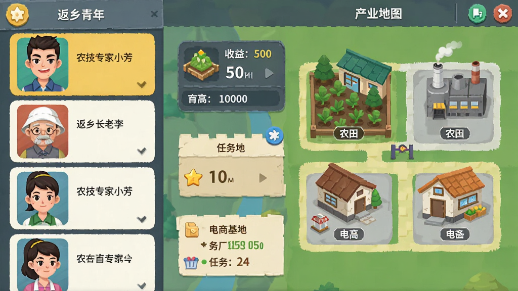 返乡当首富 游戏角色与产业布局,画面以游戏界面形式展示,左侧是角色头像列表,包括返乡青年、村长老李、农技专家小芳等,右侧是产业地图,标注农田、工厂、电商基地等区域,中间有收益数据和任务提示,风格为扁平化游戏UI,细节包括角色表情、建筑图标、数字面板,画质清晰干净,无多余元素