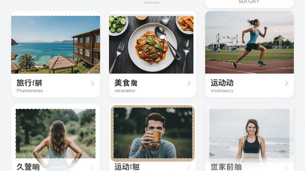 一张手机界面截图风格的图片,展示面软件中排列着多个不同主题的模板卡片,包括旅行、美食、运动等,卡片上有示例图片和文字,布局整齐,风格清爽,画质干净,无多余元素