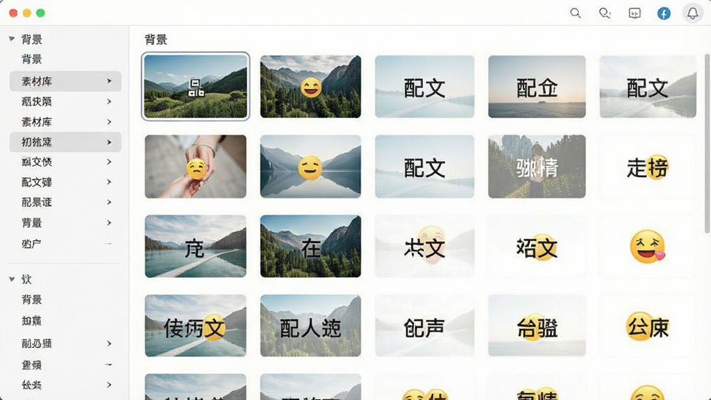 一张展示面软件素材库界面的图片,画面中展示分类排列的图片素材和文字素材,分类标签包括背景、配文、表情等,风格清新,布局整齐,画质干净