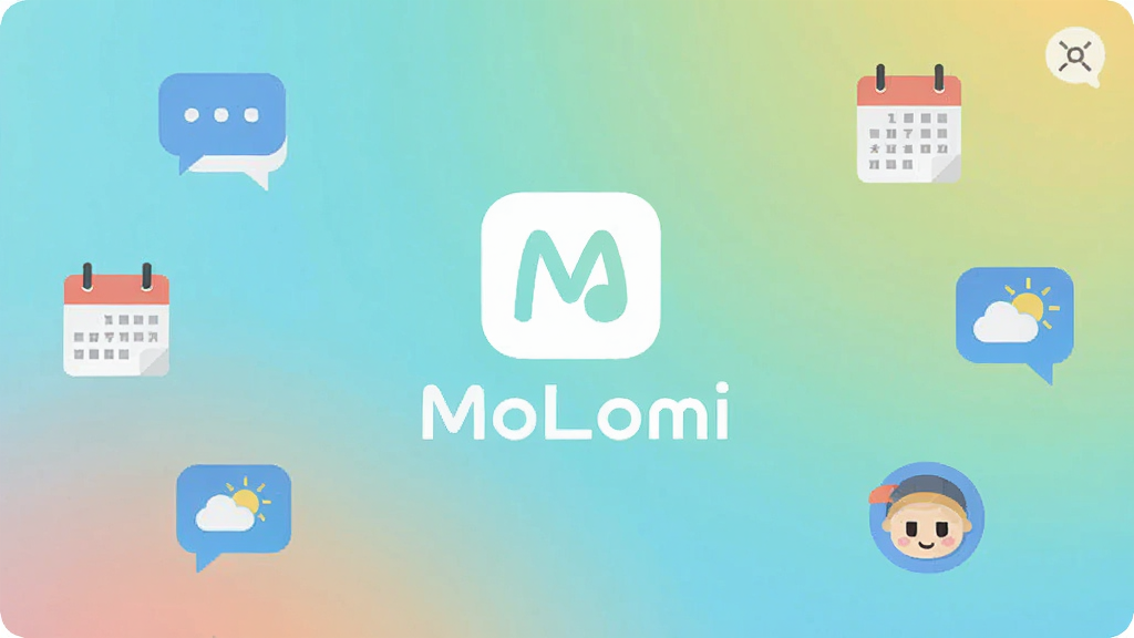 һ��չʾMoLomi������������ֻ���Ļ��ͼ������������MoLomi��Logo�ͻ�ӭ�����Ϊ��͵Ľ���ɫ����Χ�����ŶԻ����ݡ�������������Сͼ�꣬���������¼�Լ�����־��У����ñ�ƽ����ƣ�ϸ�����������ʸɾ����޶���Ԫ��