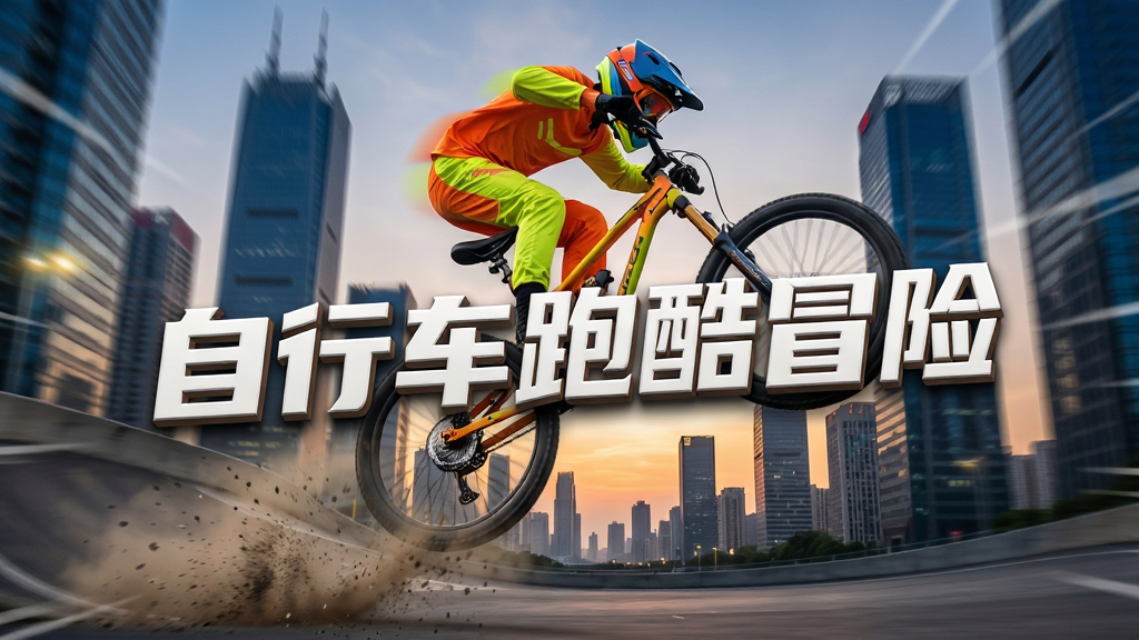 主体是一辆正在城市高楼间赛道腾空翻转的山地自行车,骑手身穿亮色运动服,布局采用对角线构图,背景是黄昏下的现代都市天际线,排版为竖版海报风格,细节包含动态模糊的速度线和飞溅的尘土,画质为4K高清,干净清晰,无多余元素,画面中央用立体字体写着“自行车跑酷冒险”。