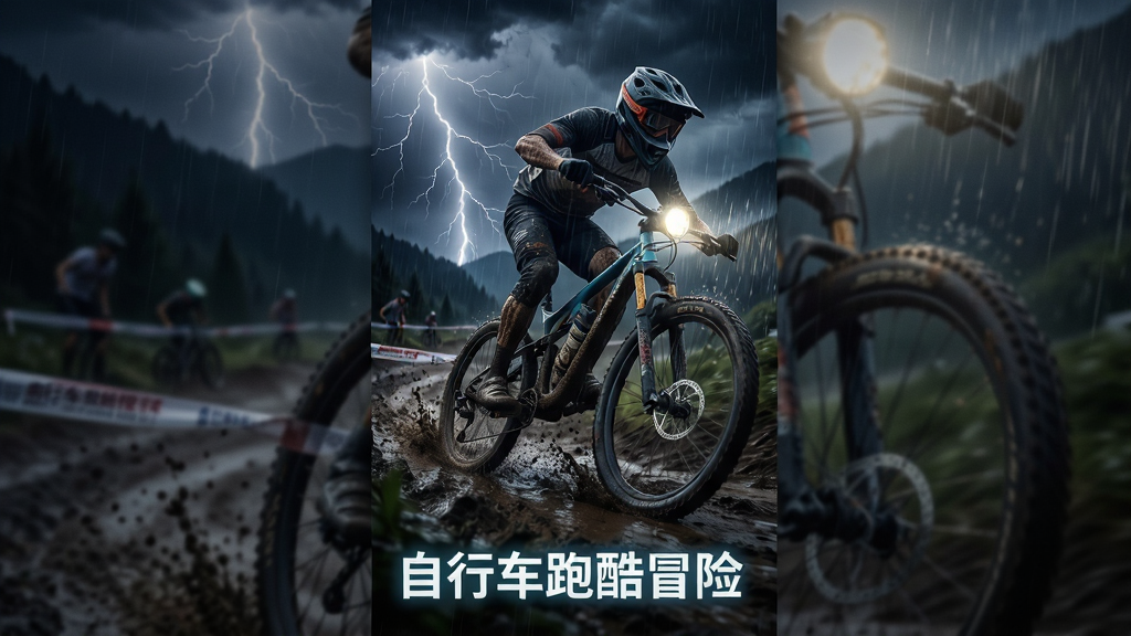 主体是自行车在暴雨中的山地泥泞赛道上疾驰,布局为三分法构图,排版为竖版手机壁纸比例,风格为暗黑写实风,细节包含闪电划破夜空、泥浆飞溅和车灯照射出的雨丝,画质为电影级质感,干净通透,无多余元素,画面底部用发光字体写着“自行车跑酷冒险”。