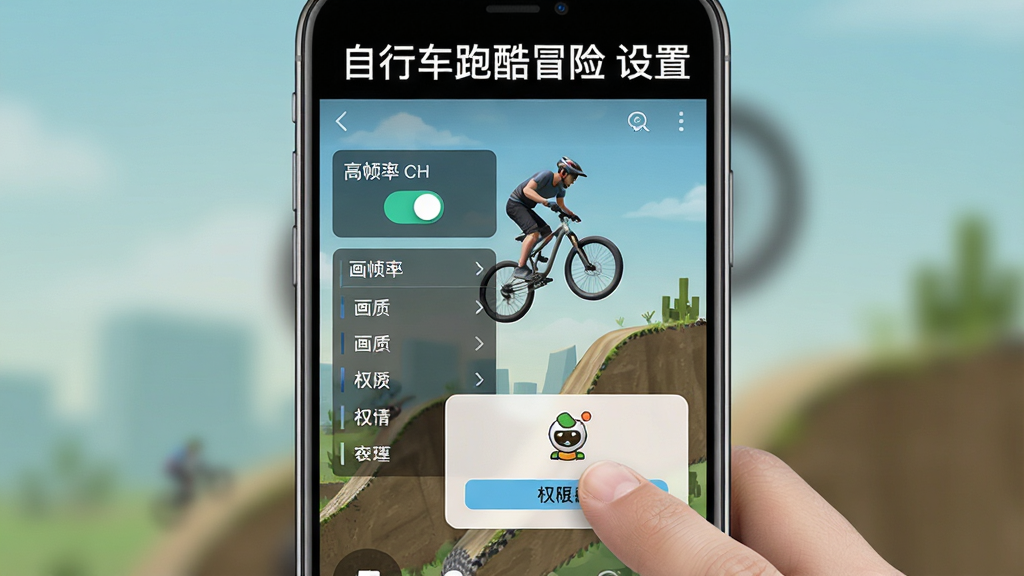 主体是一部智能手机屏幕显示自行车跑酷冒险的设置界面,布局为居中特写构图,排版为竖版说明图风格,风格为简洁科技感,细节包含手指点击高帧率开关、画质选项列表和权限管理弹窗,画质为高清,干净清晰,无多余元素,画面顶部用白色字体标注“自行车跑酷冒险 设置”。