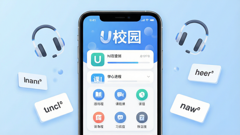 一张展示U校园APP核心界面的手机模型图,手机屏幕显示课程列表与学习进度条,背景为浅蓝色渐变,周围漂浮着英语听力耳机图标与单词卡片。主体是居中放置的智能手机,布局采用上下结构上方为APP名称“U校园”艺术字,下方为功能模块图标阵列,排版简洁对称,风格为现代扁平化科技风,细节包含柔和的阴影与圆角设计,画质高清,画面干净,无多余元素