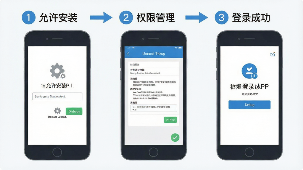 一张展示U校园APP安装与权限设置步骤的示意图,画面从左到右依次排列三个手机屏幕,分别显示“允许安装”“权限管理”“登录成功”界面,屏幕上方有箭头引导。主体为并排的手机模型,布局横向展开,排版清晰标注步骤序号,风格为扁平化教程图示,细节包含设置齿轮图标与对勾标记,画质干净,无多余元素