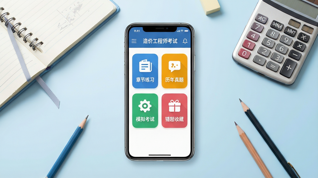 一张展示造价工程师考试手机应用主界面的场景图,画面中央是一部竖屏智能手机,屏幕上显示造价工程师考试APP的首页,包含章节练习、历年真题、模拟考试、错题收藏等功能模块图标,手机周围散落着笔记本、计算器、铅笔等学习用品,背景为浅蓝色渐变书桌场景,整体布局居中对称,风格清新商务,细节包括手机屏幕上的文字清晰可辨、图标色彩鲜明,画质高清、干净、无多余元素