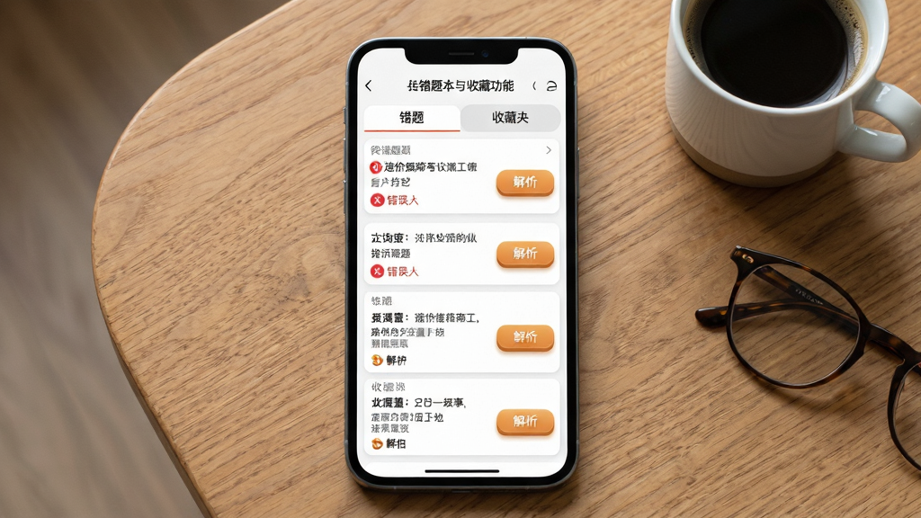 一张展示造价工程师考试APP错题本与收藏功能的界面图,画面主体为手机屏幕特写,屏幕上显示错题列表和收藏夹两个标签页,错题列表中每道题带有红色错误标记和解析按钮,收藏夹中题目按科目分组排列,手机放置在木质桌面上,旁边有一杯咖啡和一副眼镜,布局为手机居中、左右留白,风格简约现代,细节包括屏幕文字清晰、按钮立体感强,画质高清、干净、无多余元素