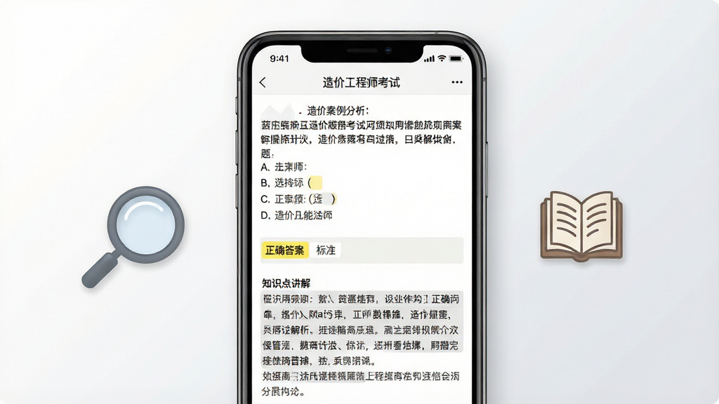 一张展示造价工程师考试APP题目解析页面的场景图,画面为手机屏幕放大显示,屏幕上呈现一道造价案例分析题的详细解析,包含题干、选项、正确答案标注和知识点讲解段落,屏幕旁边有虚拟的放大镜图标和书本图标作为装饰元素,背景为白色到浅灰色的柔和渐变,布局为手机居中、装饰元素环绕四周,风格专业学术,细节包括文字排版工整、重点高亮显示,画质高清、干净、无多余元素
