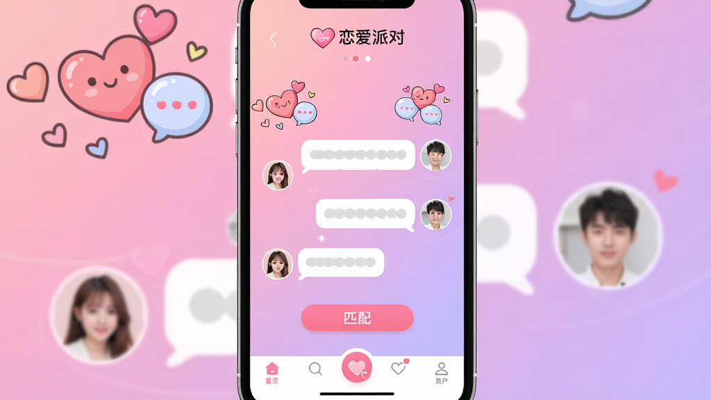 一张展示恋爱派对软件核心界面的手机屏幕渲染图,画面中央是恋爱派对APP的聊天匹配主页面,上方显示恋爱派对Logo和文字恋爱派对,周围环绕着卡通风格的爱心气泡和用户头像,背景是柔和的粉紫色渐变,布局居中对称,风格清新甜美,细节包括底部导航栏和匹配按钮,画质高清,干净,无多余元素。