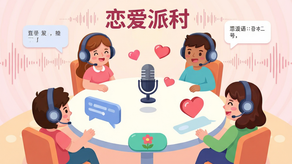 一张展示恋爱派对语音聊天室功能的场景插画,画面中多个卡通人物头像戴着耳机围坐在虚拟圆桌旁,桌上漂浮着麦克风和爱心图标,背景有恋爱派对字样和柔和的声波纹理,布局呈环形排列,风格活泼明快,细节包括聊天文字气泡和送花按钮,画质高清,干净,无多余元素。