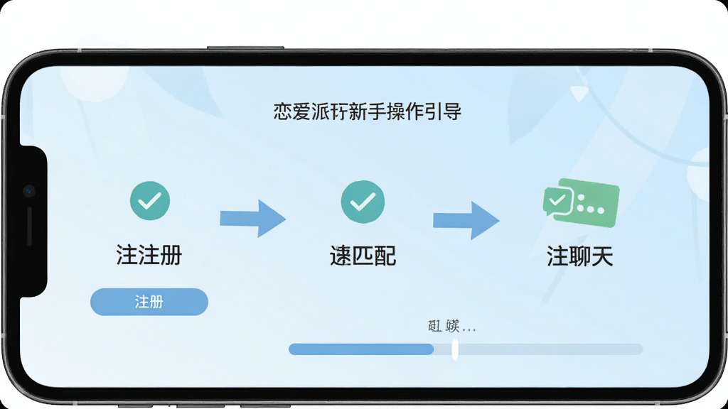 一张展示恋爱派对新手操作引导页面的手机界面图,画面中手机屏幕显示分步操作指示箭头,从注册到匹配到聊天的流程清晰可见,背景为淡蓝色渐变,布局简洁明了,风格扁平化,细节包括勾选图标和进度条,画质高清,干净,无多余元素。