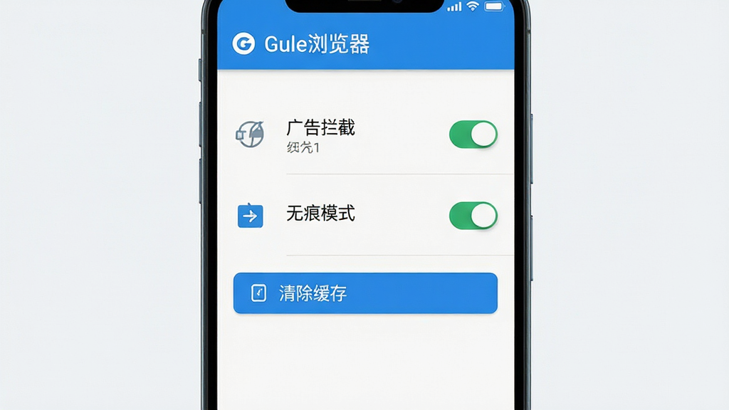 主体是手机屏幕显示Gule浏览器的设置菜单界面,包含广告拦截开关、无痕模式入口、清除缓存按钮;布局为列表式排列,手机竖直放置;排版采用单列布局;风格为清爽素雅,细节包括图标简洁、文字清晰、开关状态明显;画质为高清渲染,画面干净,无多余元素,顶部标题显示