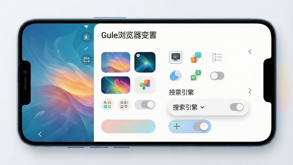 主体是手机屏幕展示浏览器主页自定义设置面板,包含壁纸选择、快捷图标排序、搜索引擎下拉菜单;布局为面板居中,手机侧放;排版采用左右分栏;风格为清新浅色,细节包括柔和配色、圆角按钮、开关控件;画质为高清渲染,画面干净,无多余元素,面板标题显示