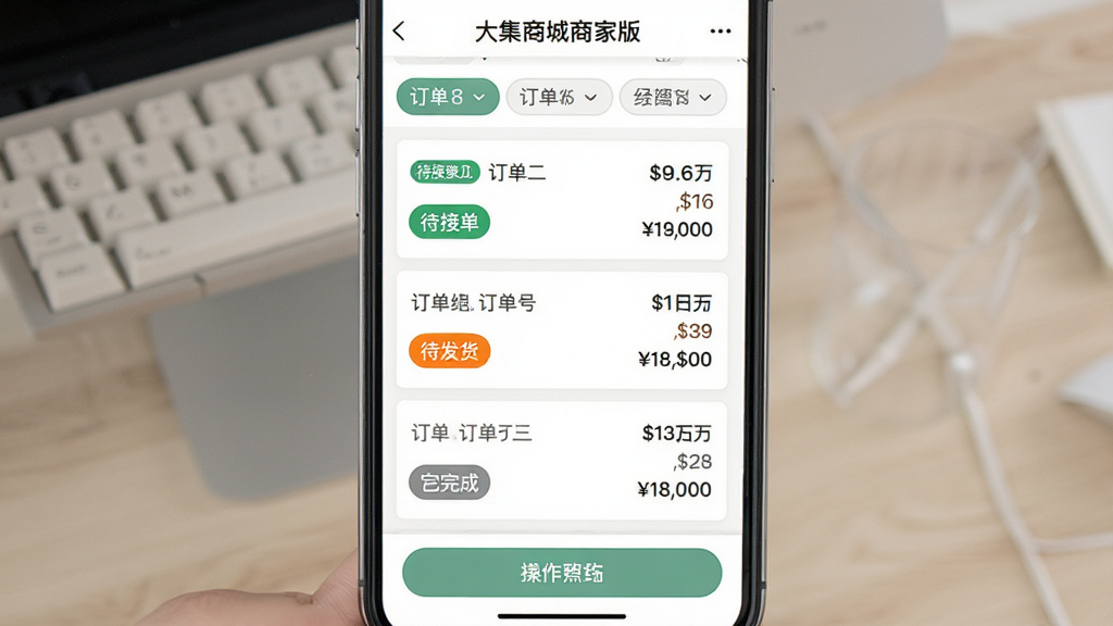 大集商城商家版订单管理界面,主体为手机屏幕显示订单列表,布局为顶部筛选标签中间订单卡片底部操作按钮,排版为垂直列表式,风格为清新简约商务风,细节包括绿色待接单标签、橙色待发货标签、灰色已完成标签、订单编号与金额清晰可见,画质高清干净,屏幕中显示文字“大集商城商家版”