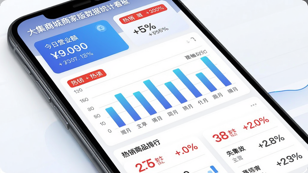 大集商城商家版数据统计看板,主体为手机屏幕展示经营数据图表,布局为上方今日营业额卡片中间柱状图下方热销商品排行,排版为卡片式模块化,风格为现代数据可视化风格,细节包括蓝色渐变柱状图、红色热销标签、百分比数据展示,画质高清干净无多余元素,屏幕中显示文字“大集商城商家版”