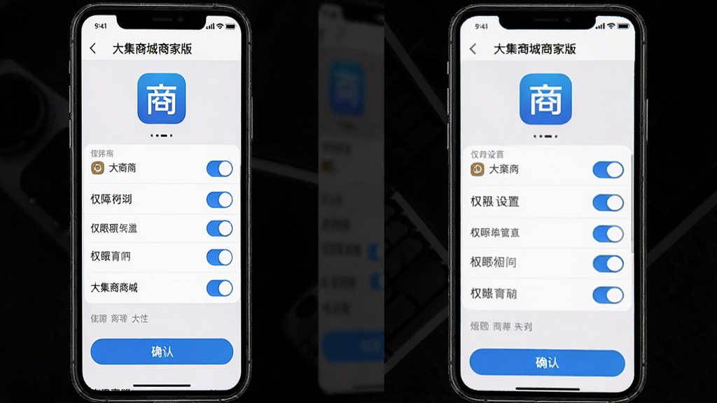 大集商城商家版安装与设置界面,主体为手机屏幕展示权限设置页面,布局为上方应用图标中间权限开关列表底部确认按钮,排版为垂直列表式,风格为简洁系统设置风格,细节包括蓝色开关按钮、灰色说明文字、白色背景,画质高清干净,屏幕中显示文字“大集商城商家版”