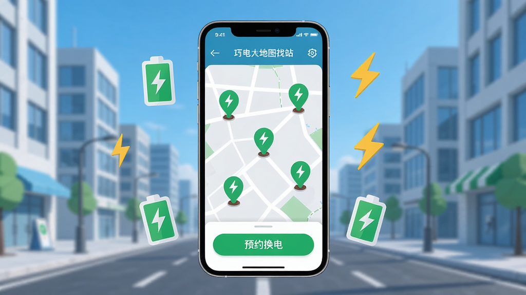 巧克力换电App主界面展示,画面中央是一部智能手机,屏幕上显示着巧克力换电的地图找站页面,地图上有多个绿色换电站标记点,底部显示预约换电按钮,背景是现代化的城市街道与蓝天,布局简洁清晰,风格为扁平化科技风,细节上手机周围环绕着电池图标与闪电符号,画质高清,干净无多余元素