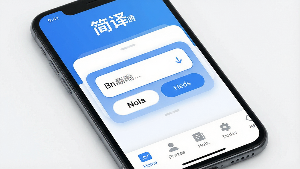 手机屏幕中央展示简译通应用主界面,顶部为“简译通”文字标识,中部为翻译输入框与语言切换按钮,底部为功能导航栏,整体布局简洁清晰,风格为现代扁平化UI设计,配色以蓝白为主,细节包含圆角卡片与图标,画质高清,画面干净,无多余元素