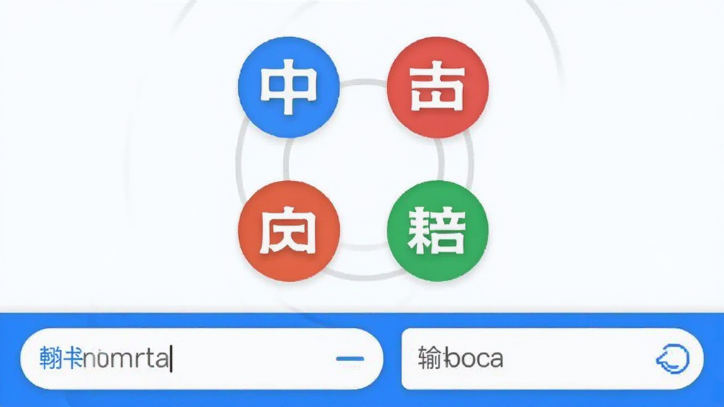 简译通应用内多语种翻译界面,屏幕中央显示中英日韩四种语言图标环绕排列,下方为翻译输入框与输出框,界面风格清新简洁,蓝白配色,画质清晰,干净无多余元素
