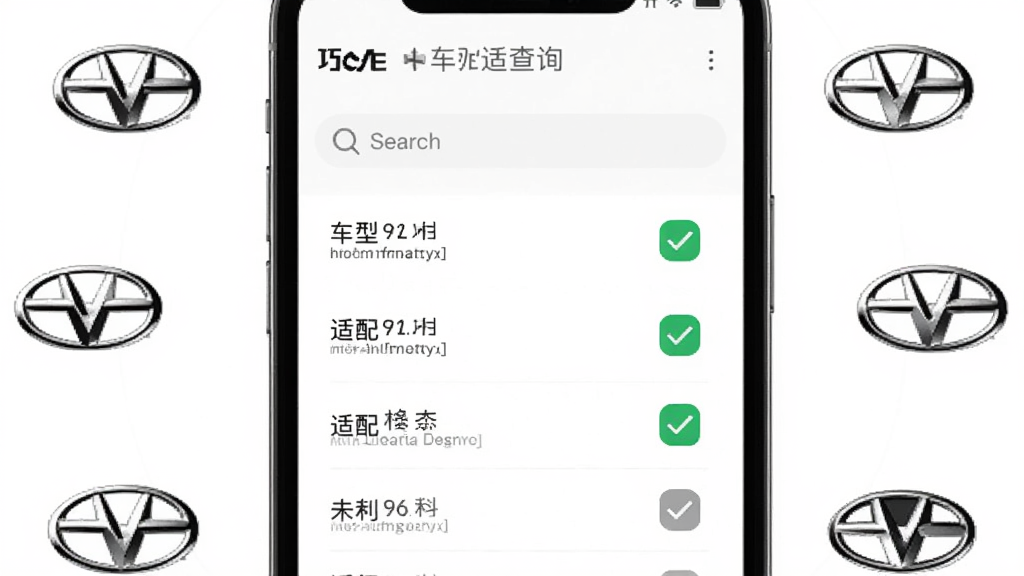 巧克力换电车型适配查询页面,手机屏幕显示车型列表与适配状态勾选标记,旁边有多个汽车品牌Logo环绕,背景为简洁白色,风格为商务科技风,细节包括绿色对勾、灰色未适配标识、搜索框,画质清晰,干净整洁