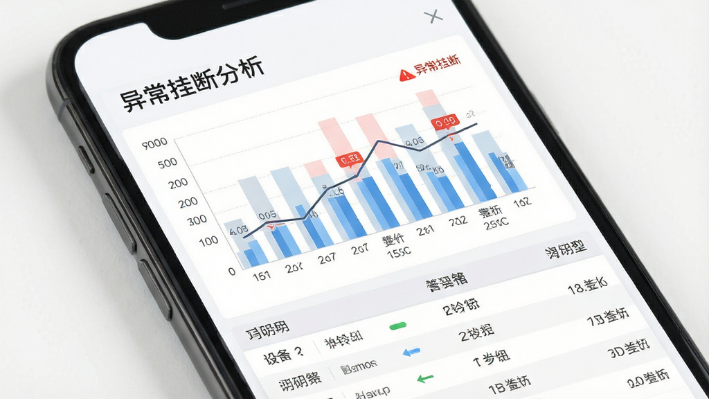 响铃报安异常挂断分析界面图,画面中央为手机屏幕,显示柱状图与折线图组合的统计图表,图表上方有