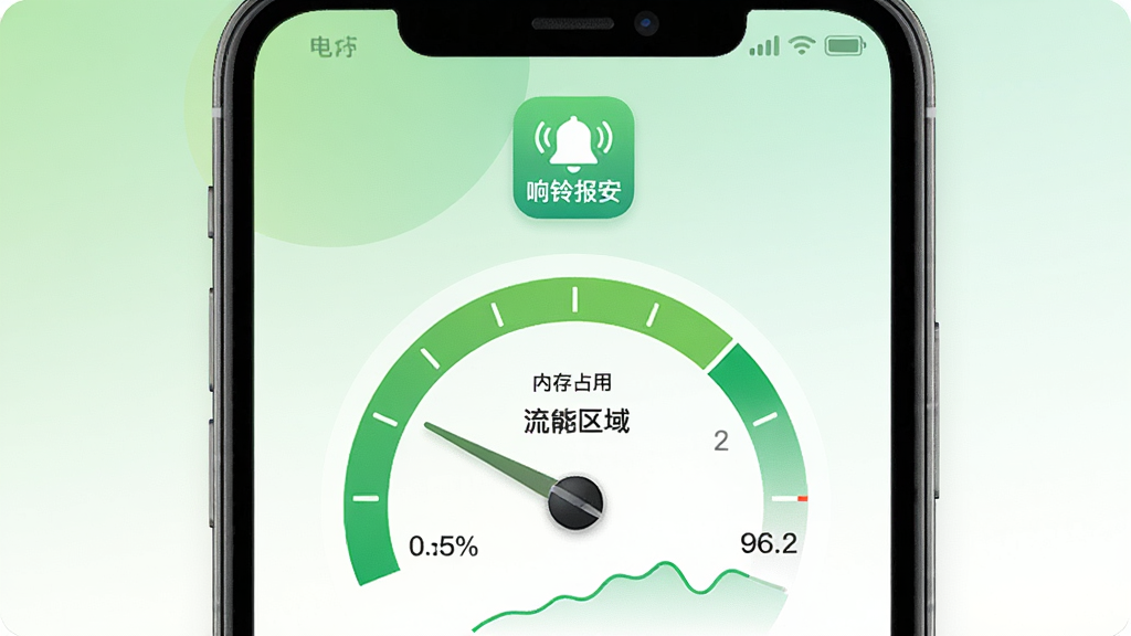 响铃报安轻量运行特性展示图,画面为手机屏幕显示电池与性能仪表盘,指针指向绿色节能区域,屏幕上方有