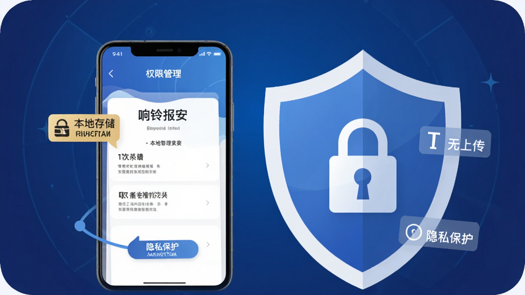 响铃报安隐私安全功能展示图,画面主体为手机与盾牌组合,手机屏幕显示权限管理页面,盾牌上有锁形图标,背景为深蓝色渐变,布局为手机与盾牌并排居中,风格为安全防护主题扁平插画,细节包含