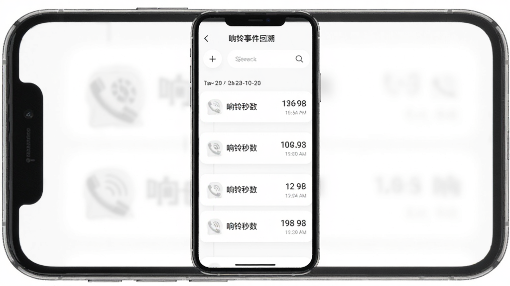 响铃报安响铃事件回溯界面图,画面为手机屏幕展示时间轴式记录列表,每条记录左侧有电话图标、右侧显示响铃秒数与时间,背景为白色,布局为纵向列表居中,风格为极简卡片式设计,细节包含筛选按钮、搜索框、日期分组标题,画质高清,排版整齐干净。