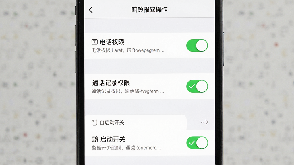 响铃报安操作设置界面截图,画面为手机屏幕展示权限管理页面,页面中列出电话权限、通话记录权限、自启动开关等选项,背景为白色,布局为纵向列表居中,风格为简洁设置页设计,细节包含开关按钮、权限说明文字、绿色勾选标记,画质高清,干净无多余元素。