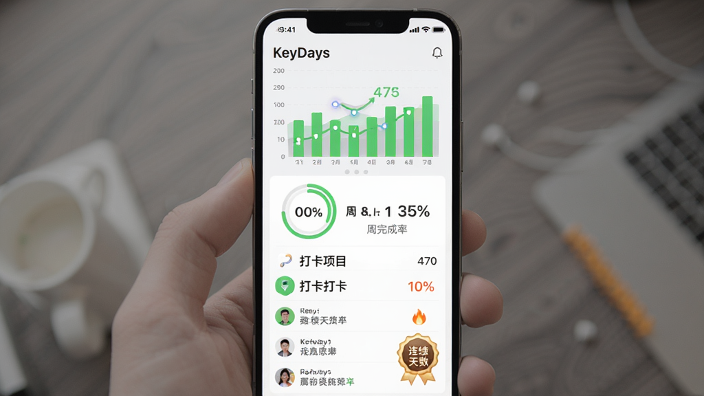 KeyDays习惯打卡统计页面图,画面主体是手机屏幕展示柱状图和周完成率百分比,下方有打卡项目列表和连续天数徽章,布局纵向排列,风格数据可视化设计,细节包括绿色柱条、圆形进度环和火焰图标,画质清晰,干净,无多余元素