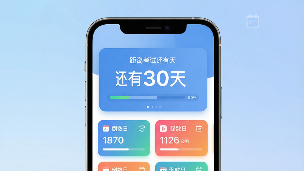 KeyDays倒数日功能界面图,画面中央是手机屏幕显示“距离考试还有30天”的大字倒计时卡片,下方有多个彩色倒数日小卡片,背景是柔和渐变蓝色,布局上下结构,风格现代简约,细节包括数字字体、进度条和标签图标,画质清晰,干净,无多余元素